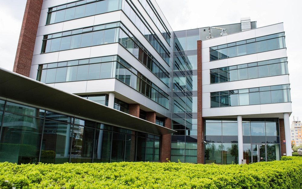 A modern glass-fronted office building